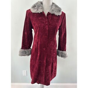 90s Vintage Red Velvet Coat with Faux Fur Trim Elegant Winter Style Girls 14/16
